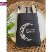 Gümüş Yaldızlı Siyah Hoş Geldin Ramazan Ay Desenli Cepli Peçete 12 li 40x40