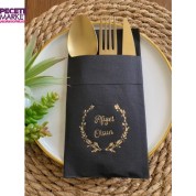 Gold Yaldızlı Siyah Afiyet Olsun Cepli Peçete 12 lı 40x40