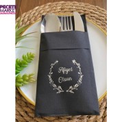 Gümüş Yaldızlı Siyah Afiyet Olsun Cepli Peçete 12 lı 40x40