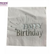Gümüş Yaldızlı Beyaz Happy Bırthday Kare Peçete 16 lı