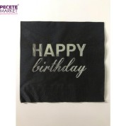 Gümüş Yaldızlı Siyah Happy Bırthday Peçete 33x33