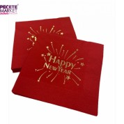 Gold Yaldızlı Kırmızı Happy New Year Kare Peçete