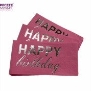 Gümüş Yaldızlı Pembe Happy Bırthday Garson Peçete