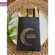 Gold Yaldızlı Siyah Hoş Geldin Ramazan Ay Desenli Cepli  Peçete 12 li 40x40