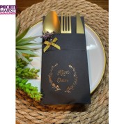 Gold Yaldızlı Siyah Çiçekli Afiyet Olsun Cepli Peçete 6 Adet