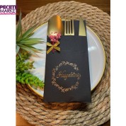 Gold Yaldızlı Siyah Çiçekli Hoşgeldiniz Cepli Peçete 6 Adet