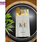 Kişiye Özel Beyaz Üzeri Gold Yaldızlı K&E Cepli Peçete 50 Adet