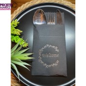 Gümüş Yaldızlı Siyah Welcome Cepli Peçete 12 lı 40x40