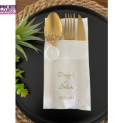 Beyaz Üzeri Beyaz Mühür Yaldızlı Duygu ve Selim Detaylı Cepli Peçete 50 Adet