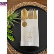 Beyaz Üzeri Gold Mühür Yaldızlı Duygu ve Selim Detaylı Cepli Peçete 50 Adet