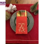 Gold Yaldızlı Kırmızı Mutlu Yıllar Cepli Aır Touch Peçete 12 lı 40x40