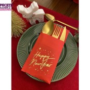 Gold Yaldızlı Kırmızı Happy New Year Cepli Peçete 12 lı 40x40