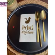 Gold Yaldızlı Beyaz Kedi İyi Ki Doğdun Garson Katlama Peçete 16 lı