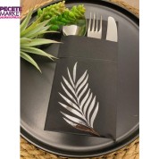 Gümüş Yaldızlı Siyah Yaprak Cepli Peçete 12 lı 40x40