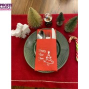 Gümüş Yaldızlı Kırmızı Happy New Year Çam Ağacı Cepli Peçete 12 lı 40x40