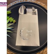 Gümüş Yaldızlı Hayırlı İftarlar Ay Desenli 12 li Beyaz Renkli Kağıt Cepli Peçete