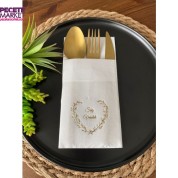 Gold Yaldızlı Beyaz Söz Verdik Kalp Çelenk Cepli Peçete 12 lı 40x40