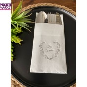 Gümüş Yaldızlı Beyaz Söz Verdik Kalp Çelenk Cepli Peçete 12 lı 40x40