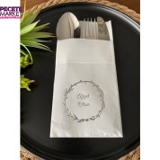 Gümüş Yaldızlı Beyaz Çelenkli Afiyet Olsun Cepli Peçete 12 lı 40x40