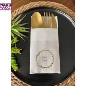 Gold Yaldızlı Beyaz Çelenkli Afiyet Olsun Cepli Peçete 12 lı 40x40