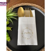 Gold Yaldızlı Beyaz Yıldız Çerçeveli Hoşgeldiniz Cepli Peçete 12 Adet