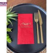 Gold Yaldızlı Kırmızı İstanbul Peçete 16 Adet