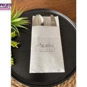 Gümüş Yaldızlı Beyaz İstanbul Cepli Peçete 12 Adet