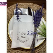 Gümüş Yaldızlı Beyaz Lavanta Afiyet Olsun Cepli Peçete 6 Adet