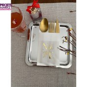 Kişiye Özel Beyaz Üzeri Gold Yaldızlı Çiçek Detaylı Cepli Peçete 50 Adet