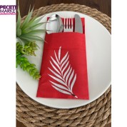 Gümüş Yaldızlı Kırmızı Yaprak Cepli Peçete 12 lı 40x40